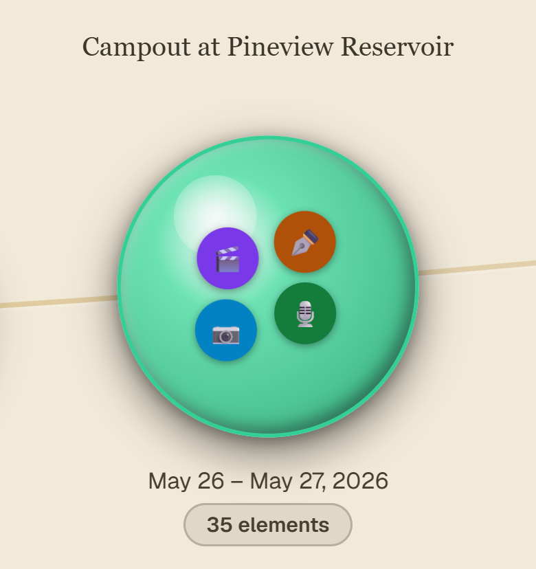 Memory Lane in Capsule: memories shown as pearls along a timeline, each labeled with its title, date and number of elements